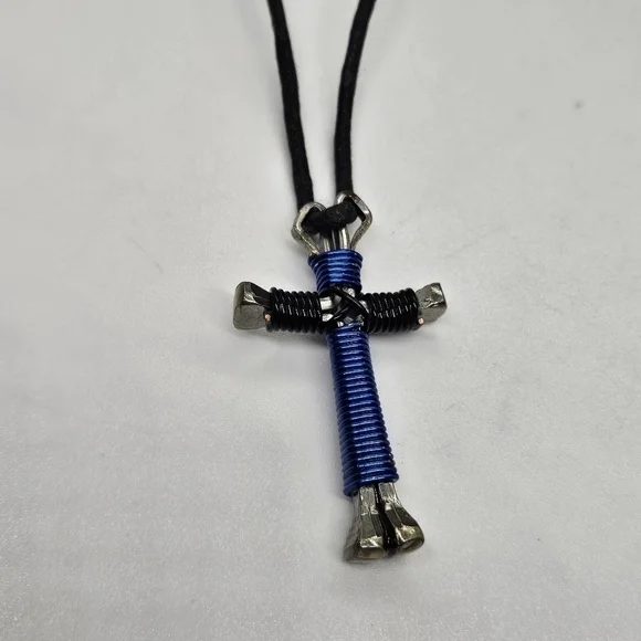 black cord necklace with wire wrapped cross blue black silver tone - Picture 2 of 4